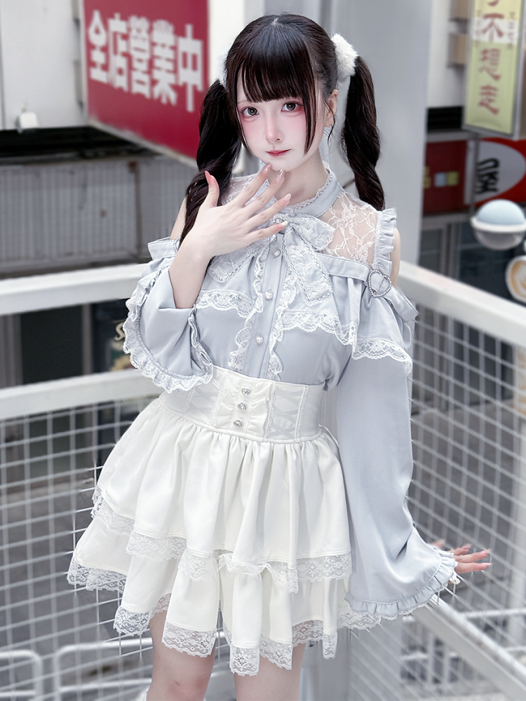 Three-Piece Sleeve Jirai Blouse Flared Blue Kei Set: Cutout Shoulder