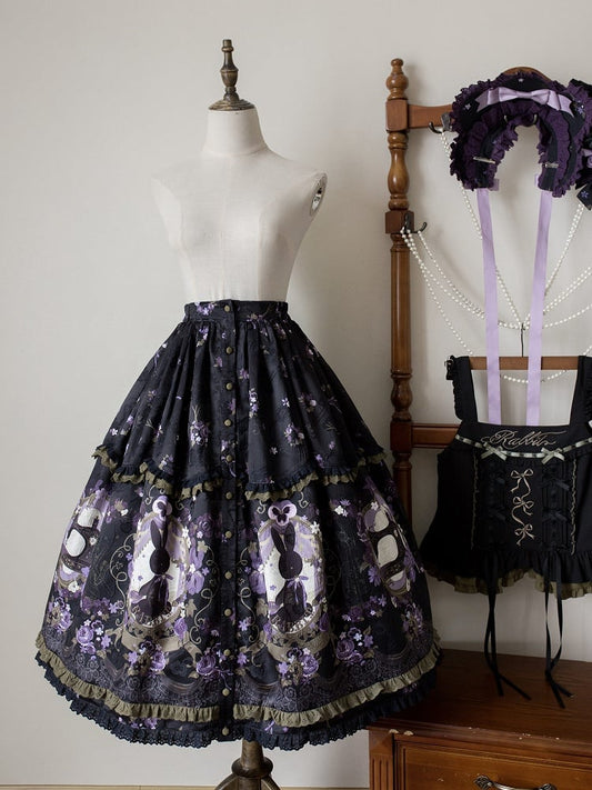 Front Placket Floral Bunny and with Jacquard Lolita Skirt Print Button