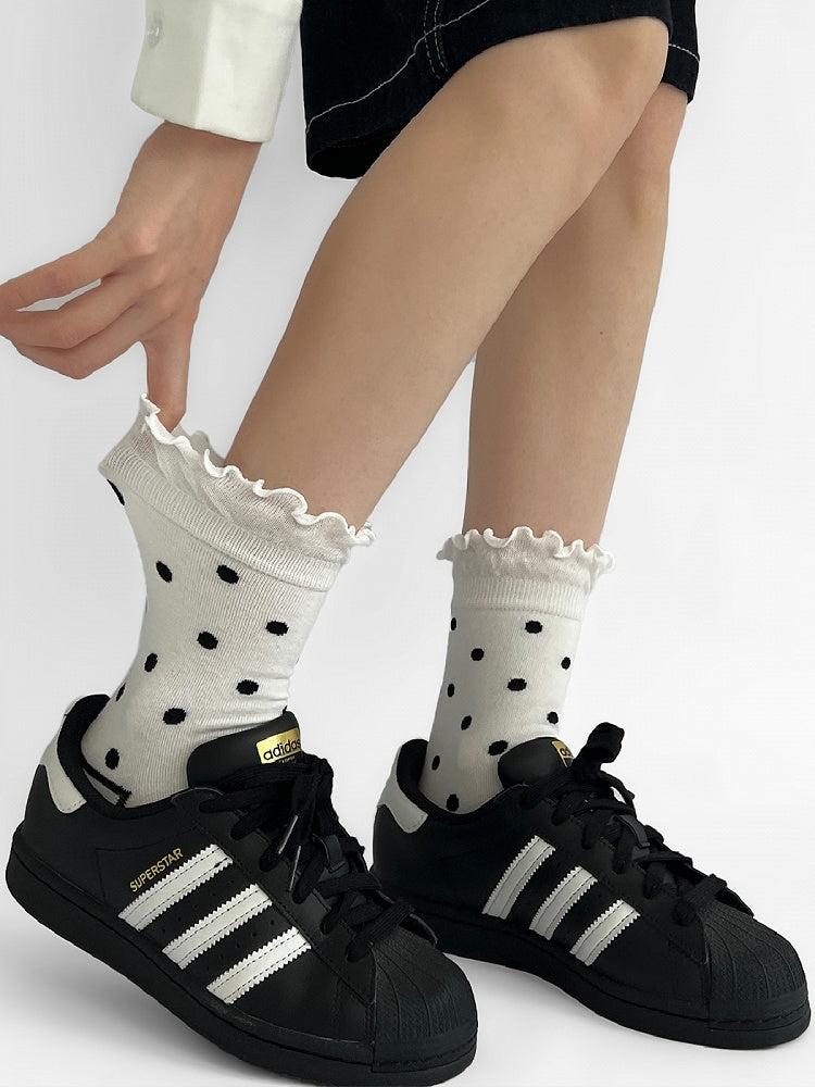 Trim Polka-dot Ribbed WhiteBlack Pattern Socks
