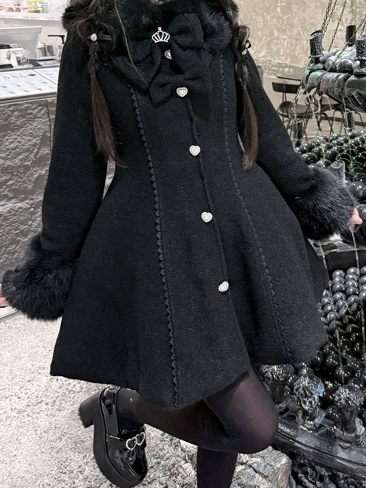 Cuffs Collar with Long Bow-Detailed Coat Kei Jirai Black Waist-Cinching Furry