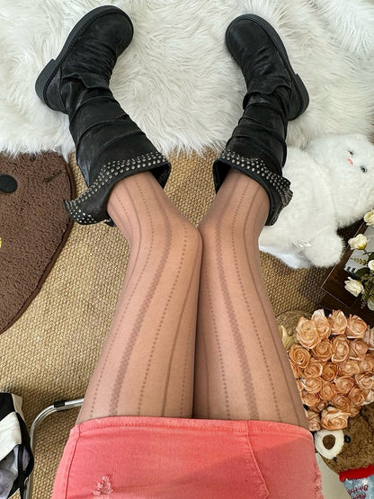 Pattern Striped Brown/Gray/White/Black Tights Y2K