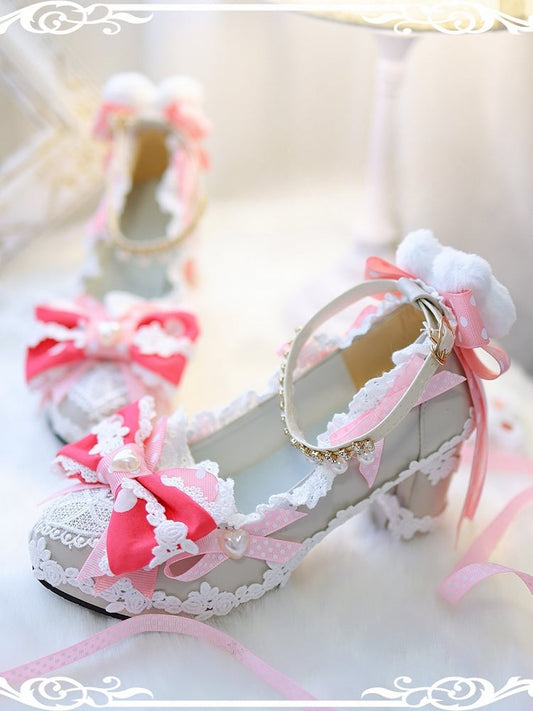Shoes Pink Bow Rose Top Lolita Decorated Heels Bunny 8CM Sweet Plush at Block