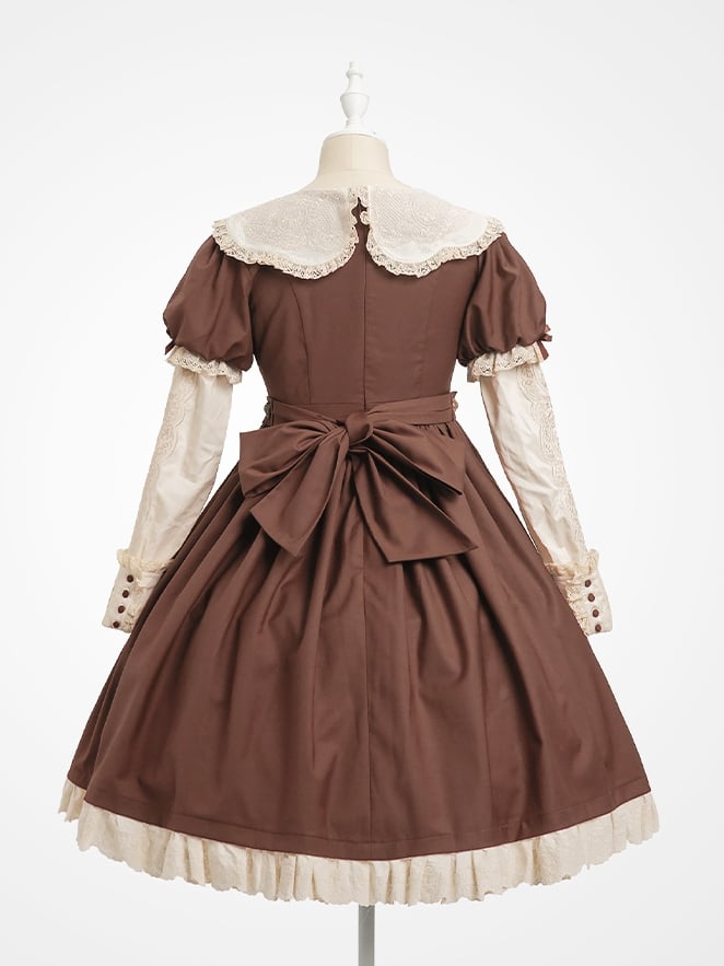 Trim Sweet Lace Bear Teddy Embroidered Lolita Sleeves Dresswith Puff Neckline Brown