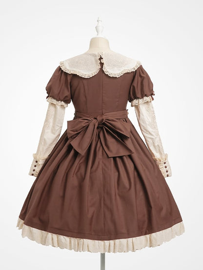 Trim Sweet Lace Bear Teddy Embroidered Lolita Sleeves Dresswith Puff Neckline Brown