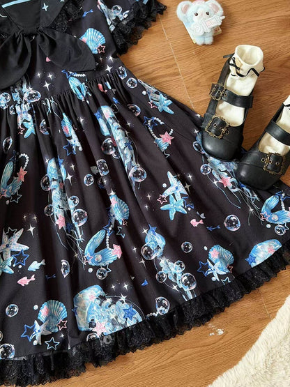 Black & Blue Jellyfish and Shell Print Sailor Lolita Dress with Lace Details - Good Night Meow