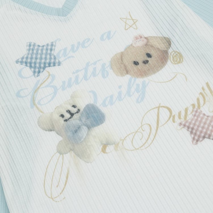 Apricot/Pink/Green Kawaii V-Neck Knit Top with Puppy Print - Long Sleeve Pullover