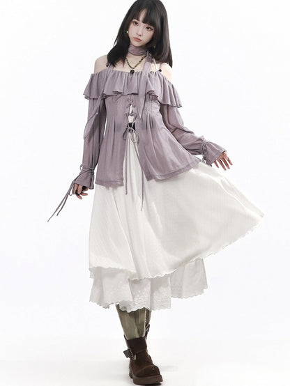 Double-Layer Slip Dress in White (Long Version) - PINK SAVIOR