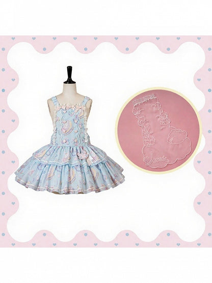 Cute Blue Lace Detailed Overall Gown with Detachable Apron Set - Vcastle