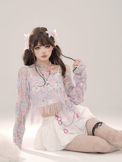 Colerful Hollow-Out Knit Top with Distress Trim One-Shoulder