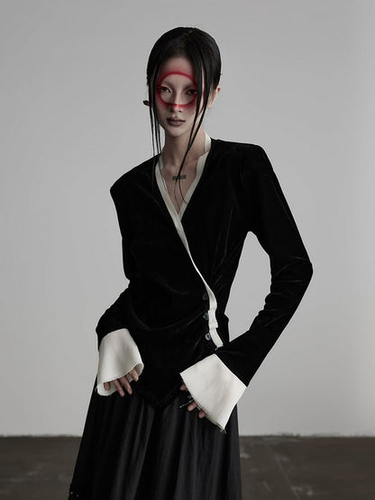 Cardigan Asymmetrical-Button V-Neck Urban Goth Velvet Black White