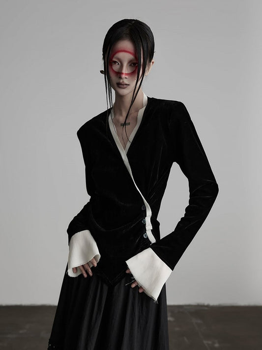 Cardigan Asymmetrical-Button V-Neck Urban Goth Velvet Black White