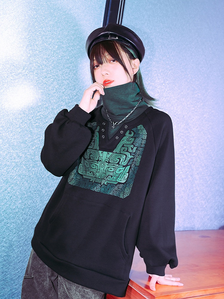 Black Collar Top Motif High with Kangaroo Cheongsam Bronze Green Pocket Faux Two-Piece Gothic