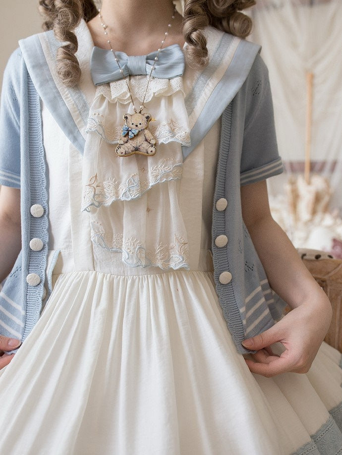Blue Knitted Short-sleeved Cardigan Lolita Perforated