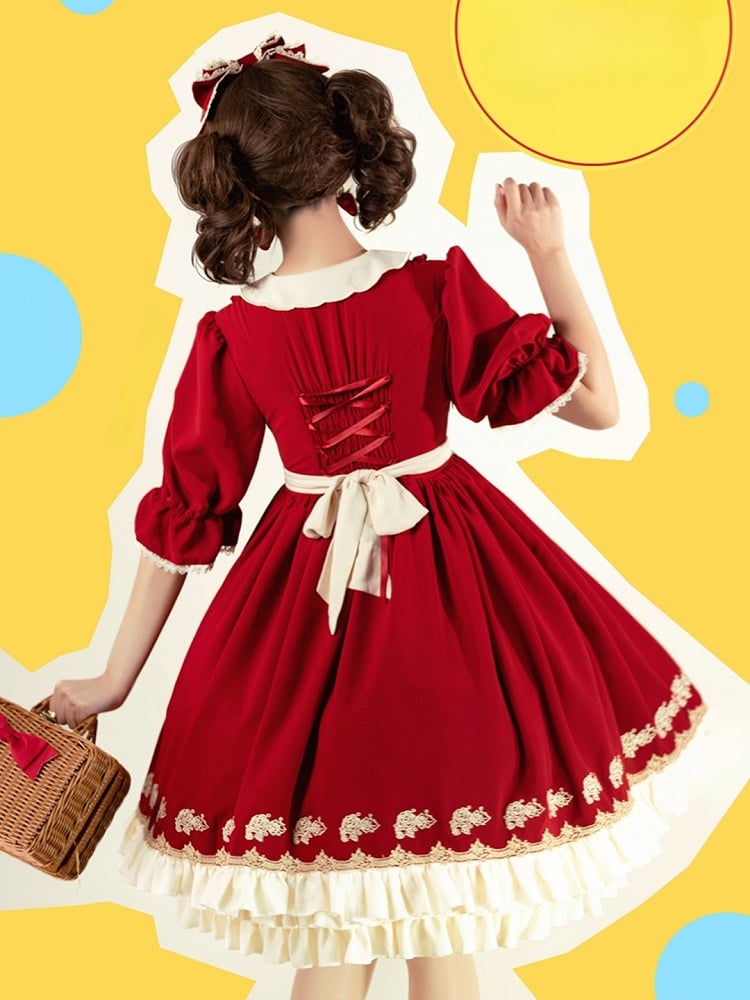 with Lolita Hem and Sweet Beige Embroidered Red Dress Ruffle Strawberry Short-sleeved Apron