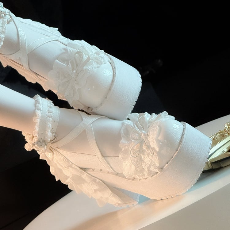 Leather PU Detail White Gothic Block with Bow High Knotted Heels