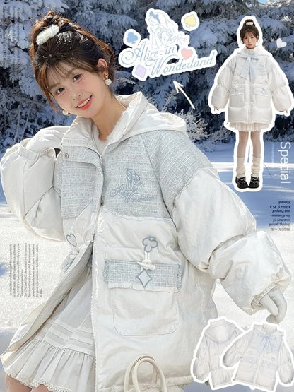 Alice in Wonderland Alice Tweed Patchwork White Hooded Down Jacket
