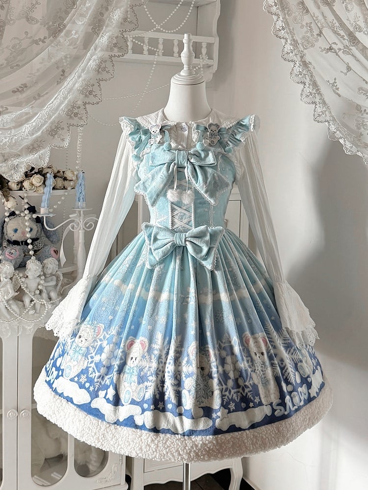 Winter Sweet Lolita Light Blue Jumper Skirt with Bear and Snowflake Print