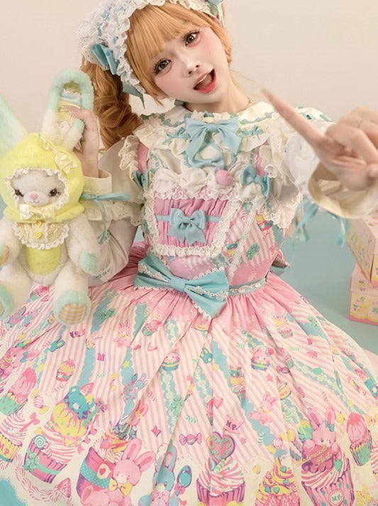 Blue Prints with and Sleeves JSK Trim Dress Flutter Pink Lolita Lace Sweet Cupcake