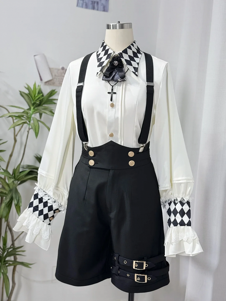 mit geraden Beinträgern Lolita Ouji Schulter Schwarze Shorts