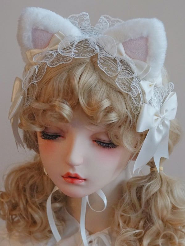 White Trim Bowknot Cat Hairband Lace Details Ear