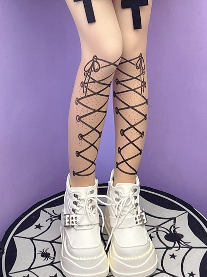 Tights Print Straps Y2K Lace-up Nude