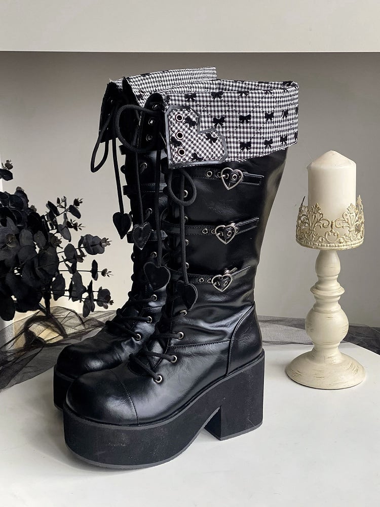 Fold-over Black Cuff Boots Platform Heel Block