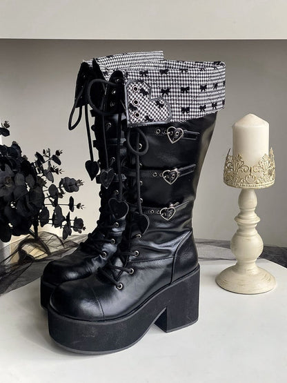 Fold-over Black Cuff Boots Platform Heel Block