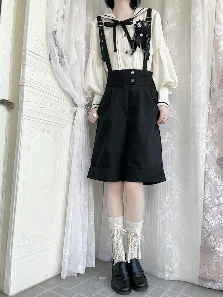 Ouji mit Aprikosen-Langshorts, gerades Bein, modische Schulter + Kragen, Lolita-Outfit-Träger, Matrosenärmel-Shirt – Schwarz