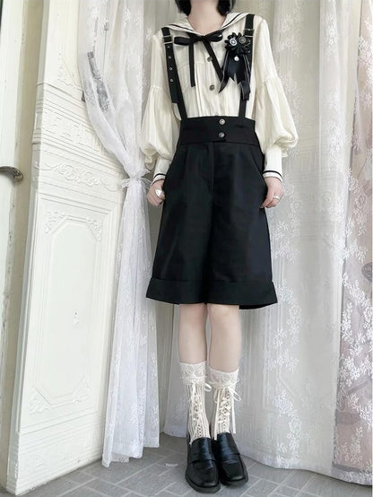 Ouji mit Aprikosen-Langshorts, gerades Bein, modische Schulter + Kragen, Lolita-Outfit-Träger, Matrosenärmel-Shirt – Schwarz