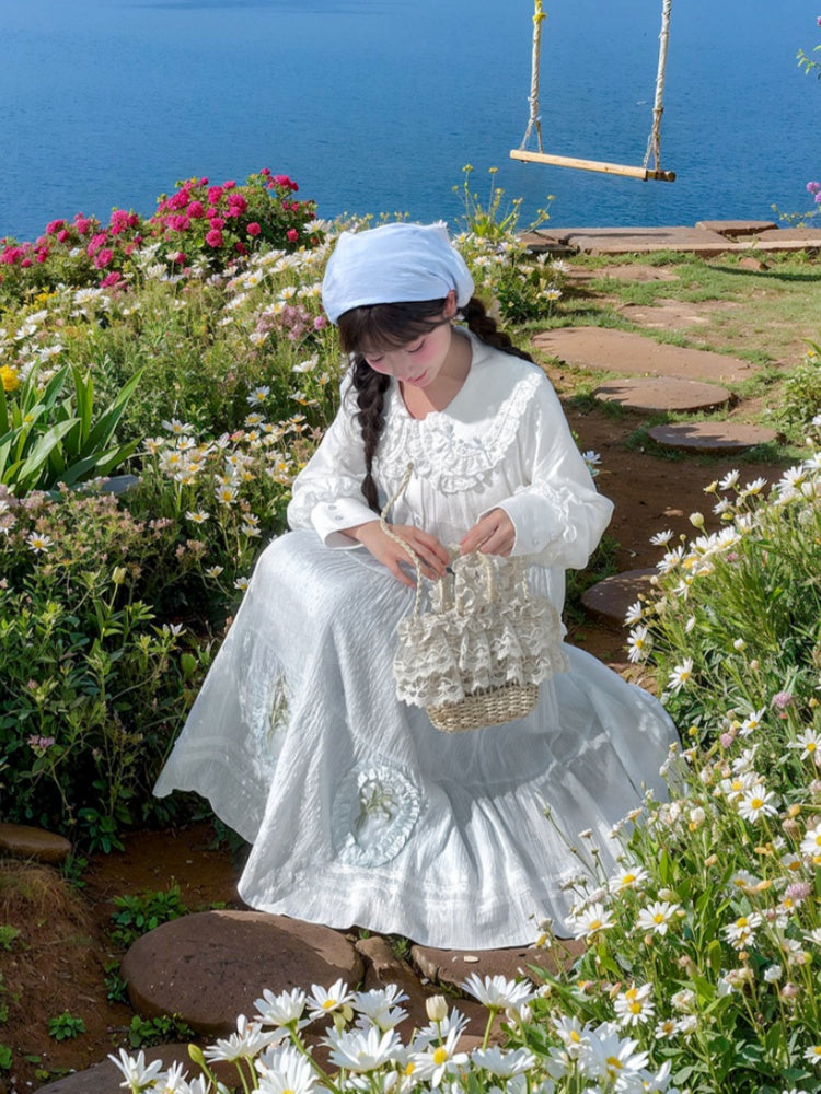 Skirt Light Blue Lily-of-the-Valley Embroidered Lace Trim Cutton