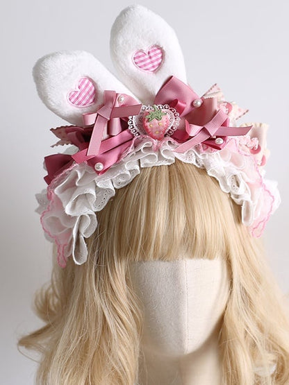 Bunny White Ears and Strawberry Lace KC With Lolita Dreamy Heart Bow Cute Pink