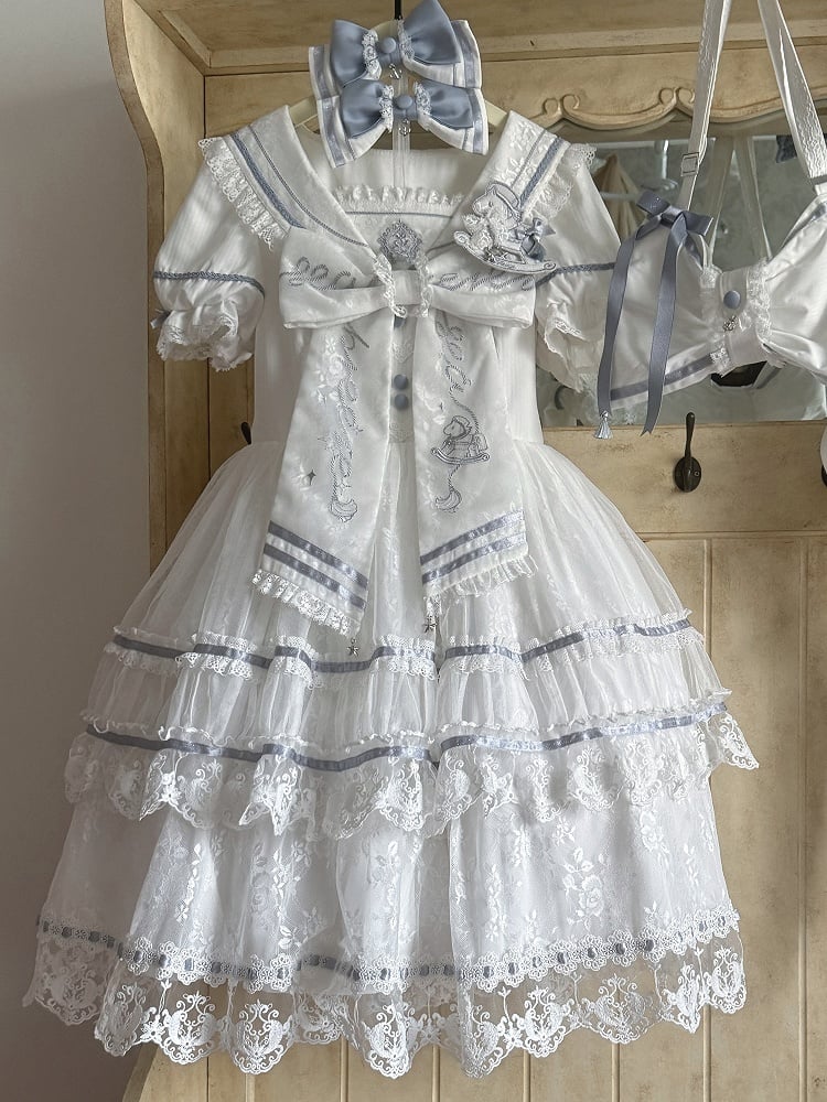 Ivory and Azure Lace Sailor Gown with Stitched Accents - Honey Machine