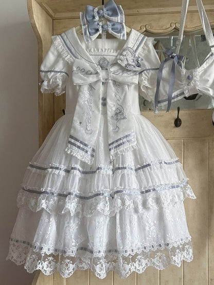 Ivory and Azure Lace Sailor Gown with Stitched Accents - Honey Machine
