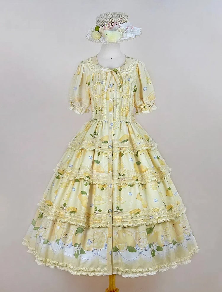 Button Chick Placket Skirt and Lolita Sleeves Short Print Yellow Front Lemon Dress Tiered