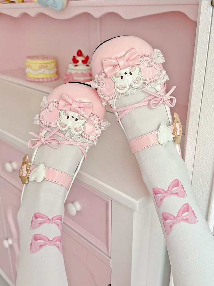 Lolita Mary Pink Bear Details Heart Sweet with Winged Janes Low-heel Accents