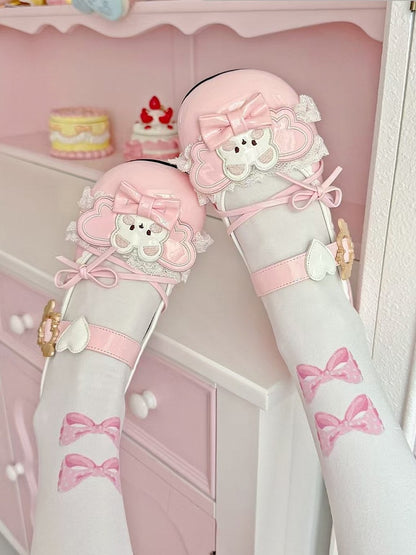 Lolita Mary Pink Bear Details Heart Sweet with Winged Janes Low-heel Accents