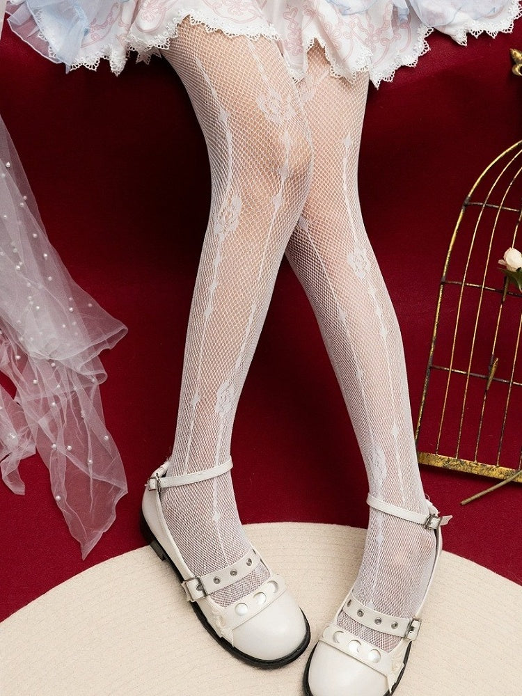 Fishnet Pantyhose in Black or White with Rose & Stripe Motif - Yidhra