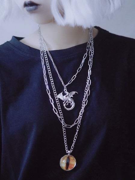 Gothic Layered Necklace with Dragon Eye Pendant - Strange Sugar