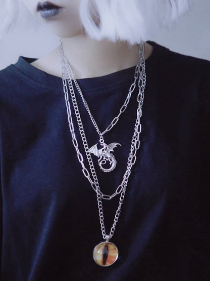 Gothic Layered Necklace with Dragon Eye Pendant - Strange Sugar