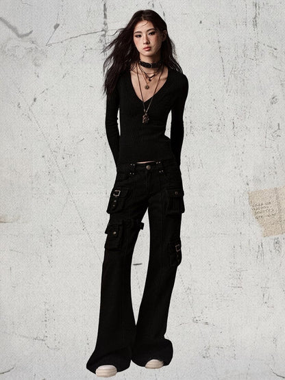 Pants - Vintage Silhouette Cargo Flare Pocket Detachable Black