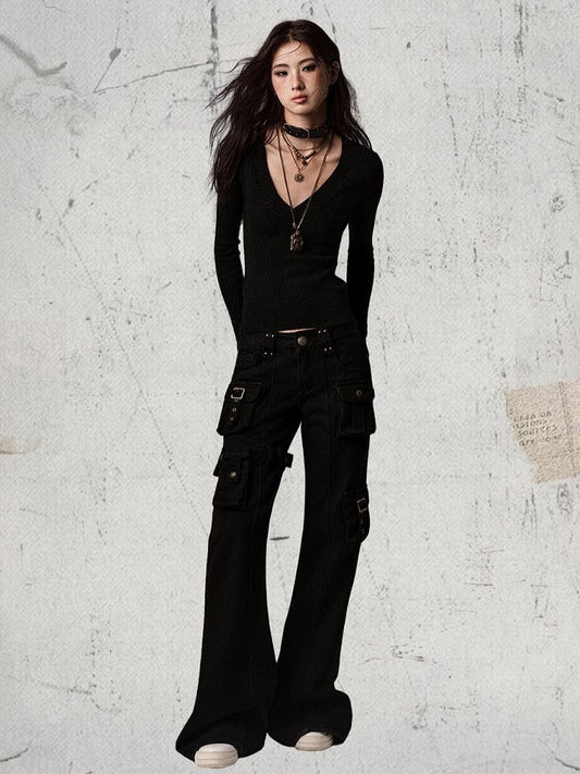 Pants - Vintage Silhouette Cargo Flare Pocket Detachable Black