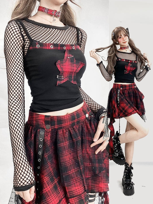 Cami Pin BlackRed Star Y2K Applique Top Decorated Glamorous Plaid Patern
