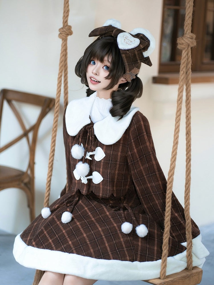 for Coat Lolita Dress Sweet and Paired Autumn with Winter Cherry Brown Embroidered Plaid