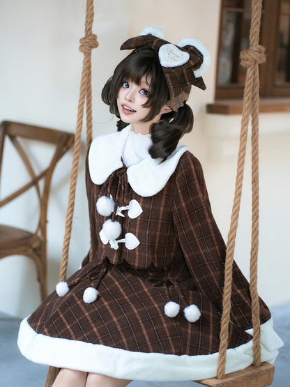 for Coat Lolita Dress Sweet and Paired Autumn with Winter Cherry Brown Embroidered Plaid