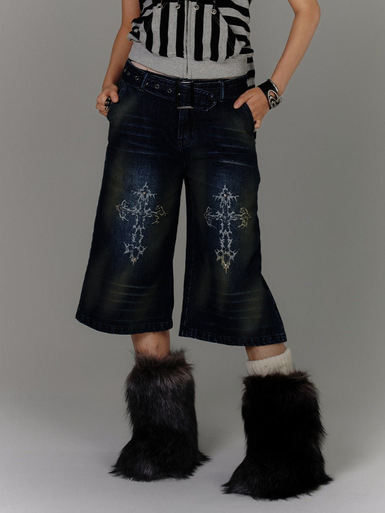 Glamouröser Gürtel mit Schnalle und Kreuz im Used-Look in Jeansblau mit verblasstem Waschung