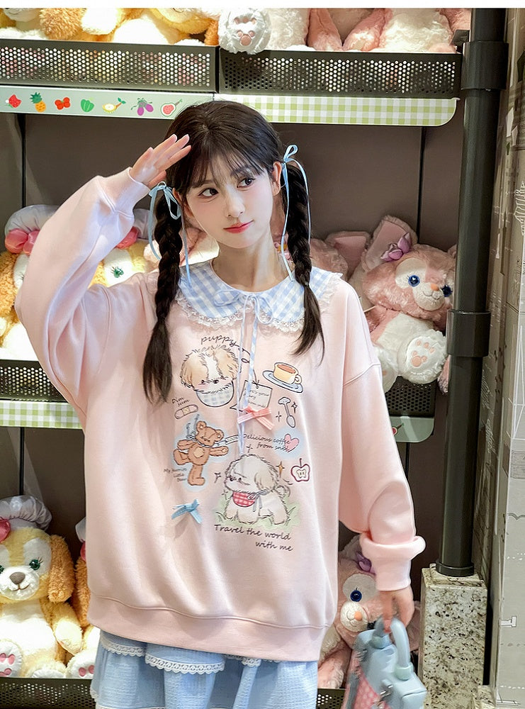 Adorable Cartoon Puppy Print Pink Round Loose Neck Sweatshirt