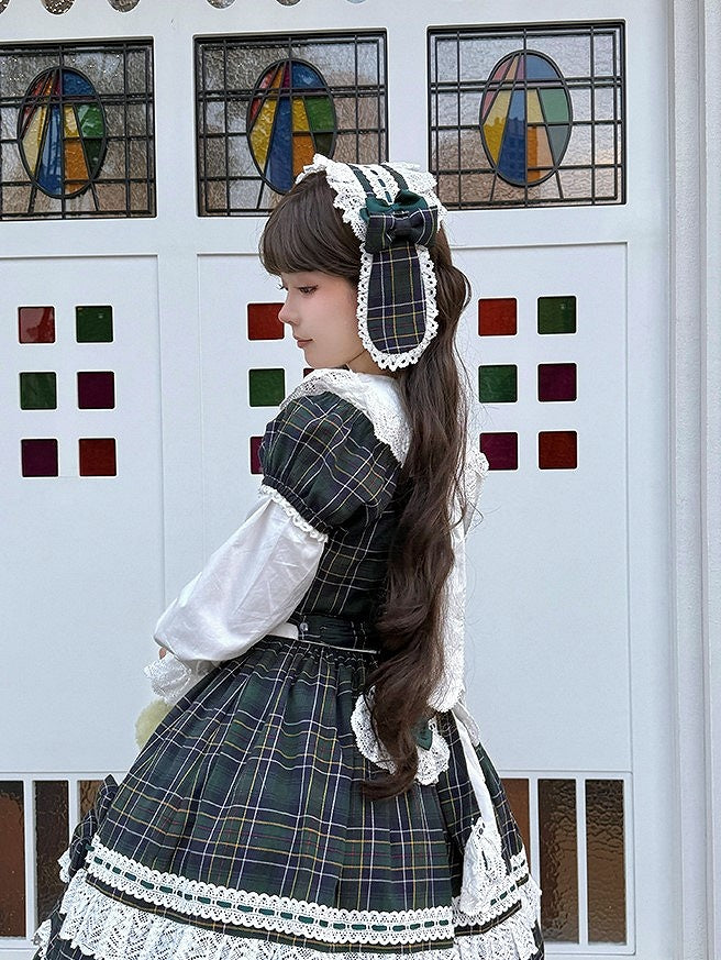 Lolita Schleife mit Haarband Akzente Hasenohren Spitze Plaid und Rot/Grün