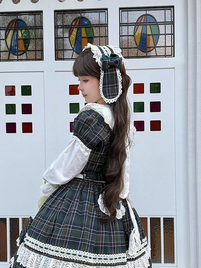 Lolita Bow with Hairband Accents Bunny Ears Lace Plaid and Red/Green