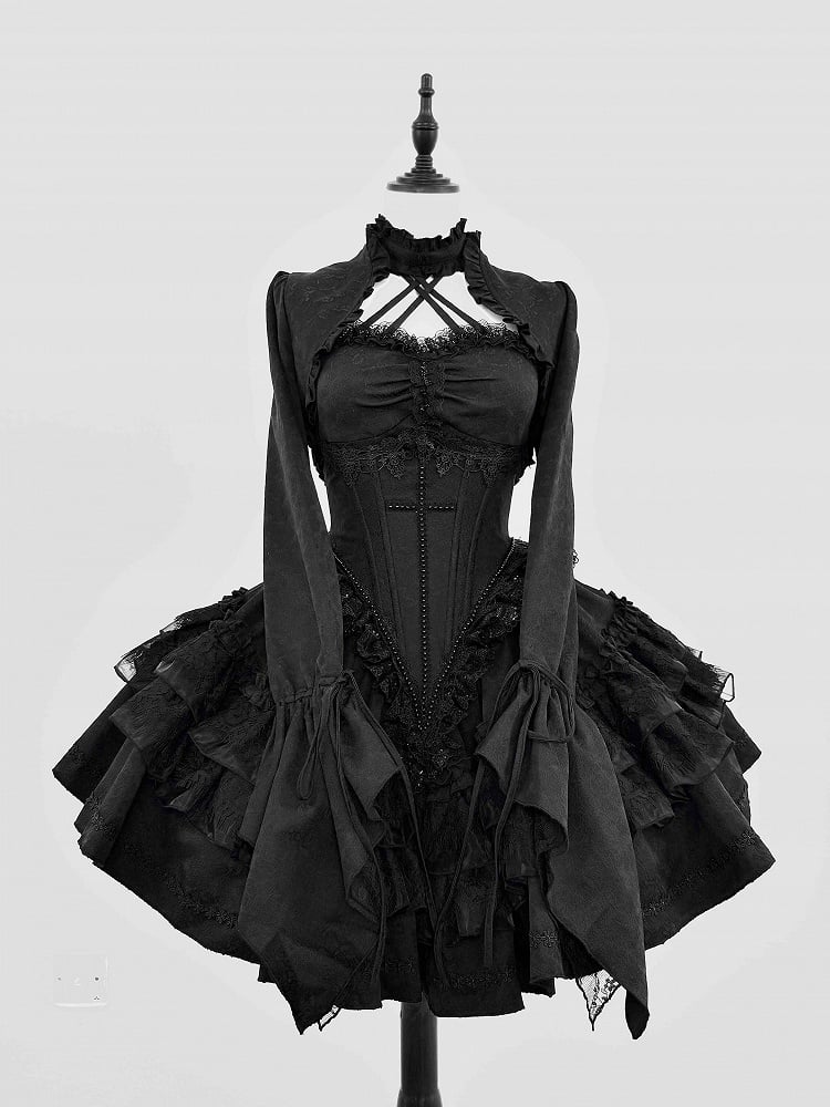 + Black Gothic Boning Set Lace Waist Top Bolero Neck Lolita Skirt Full Halter Corset All Sleeves - Cropped