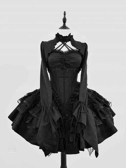 + Black Gothic Boning Set Lace Waist Top Bolero Neck Lolita Skirt Full Halter Corset All Sleeves - Cropped